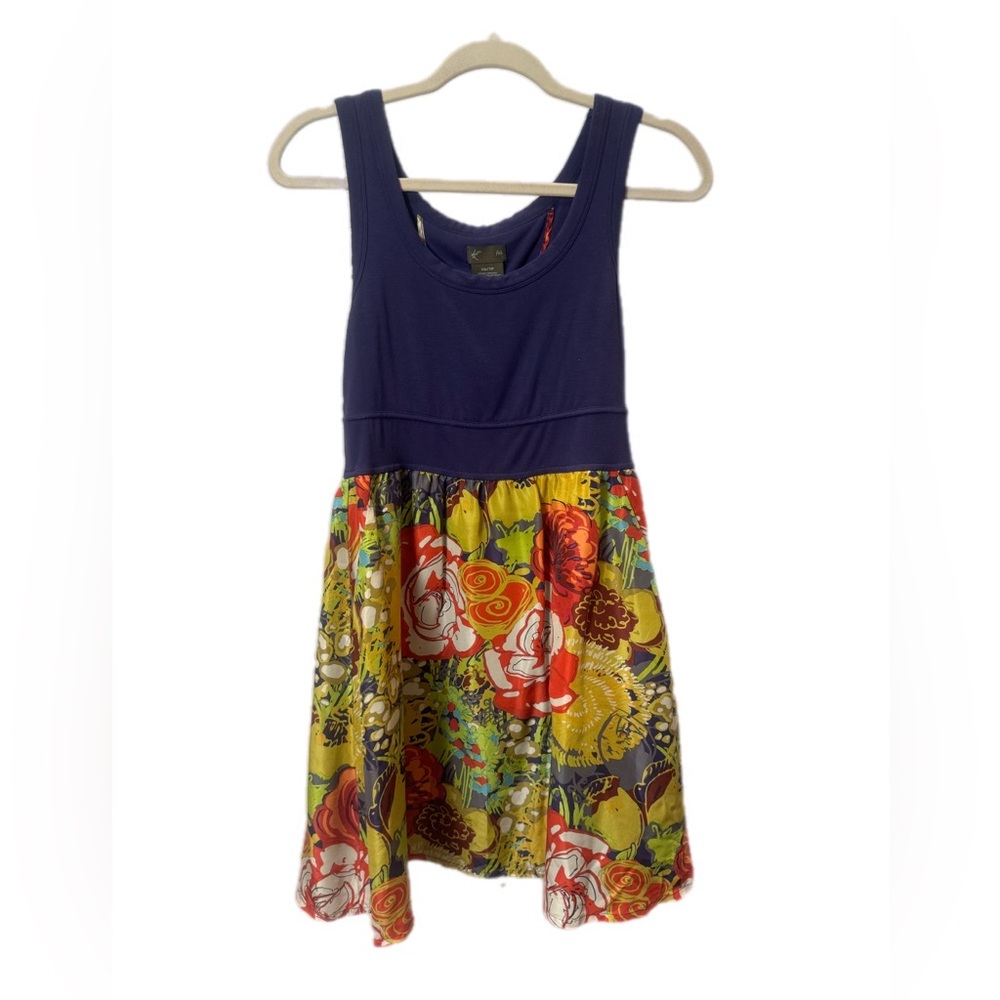 Anthropologie Fei mini dress in bluish purple with floral skirt in size XS